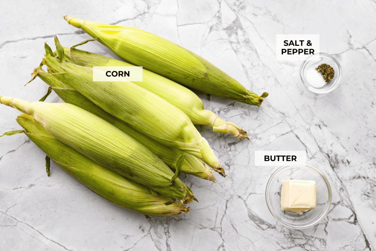 Overhead shot of labeled ingredients. 