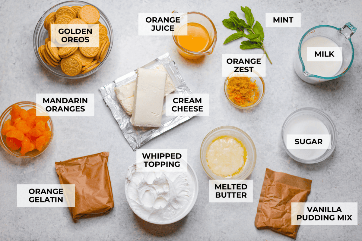Overhead shot of labeled orange creamsicle lush ingredients. 