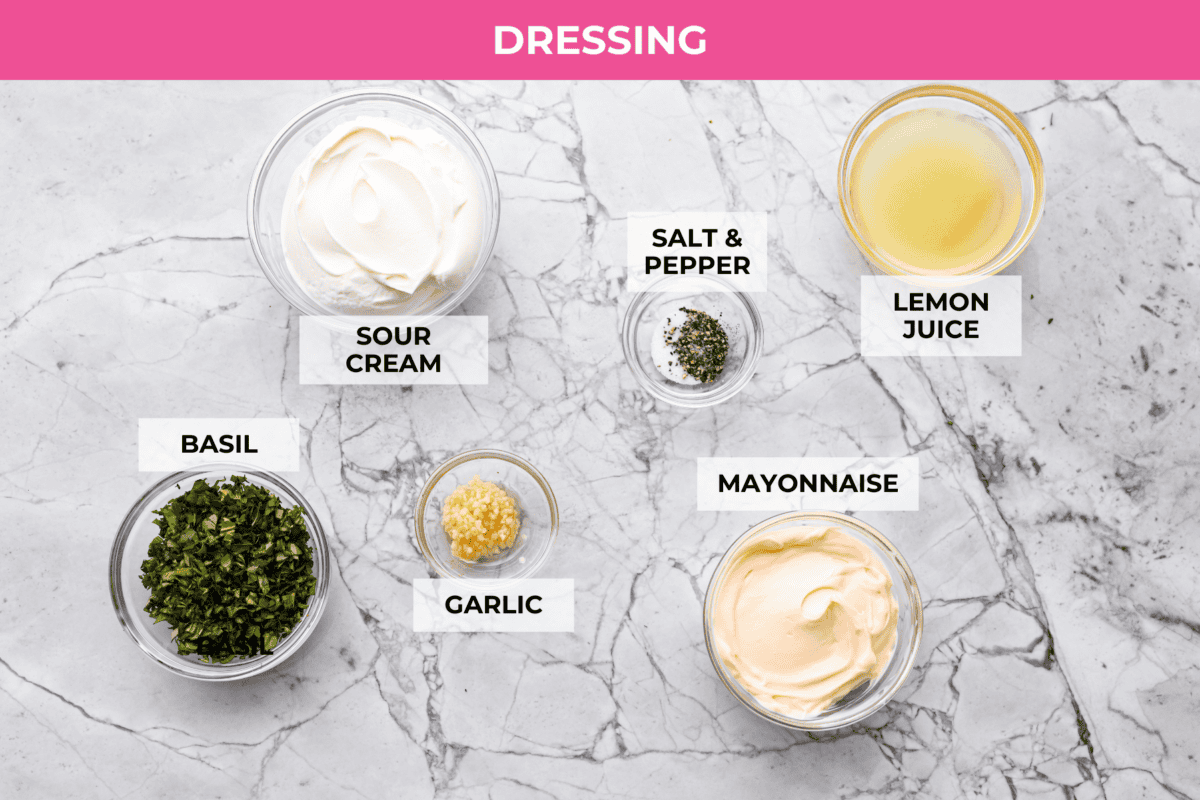 Overhead shot of labeled Ruth's Chris chopped salad dressing ingredients. 