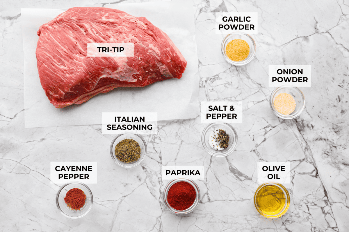 Overhead shot of labeled Santa Maria tri-tip ingredients. 