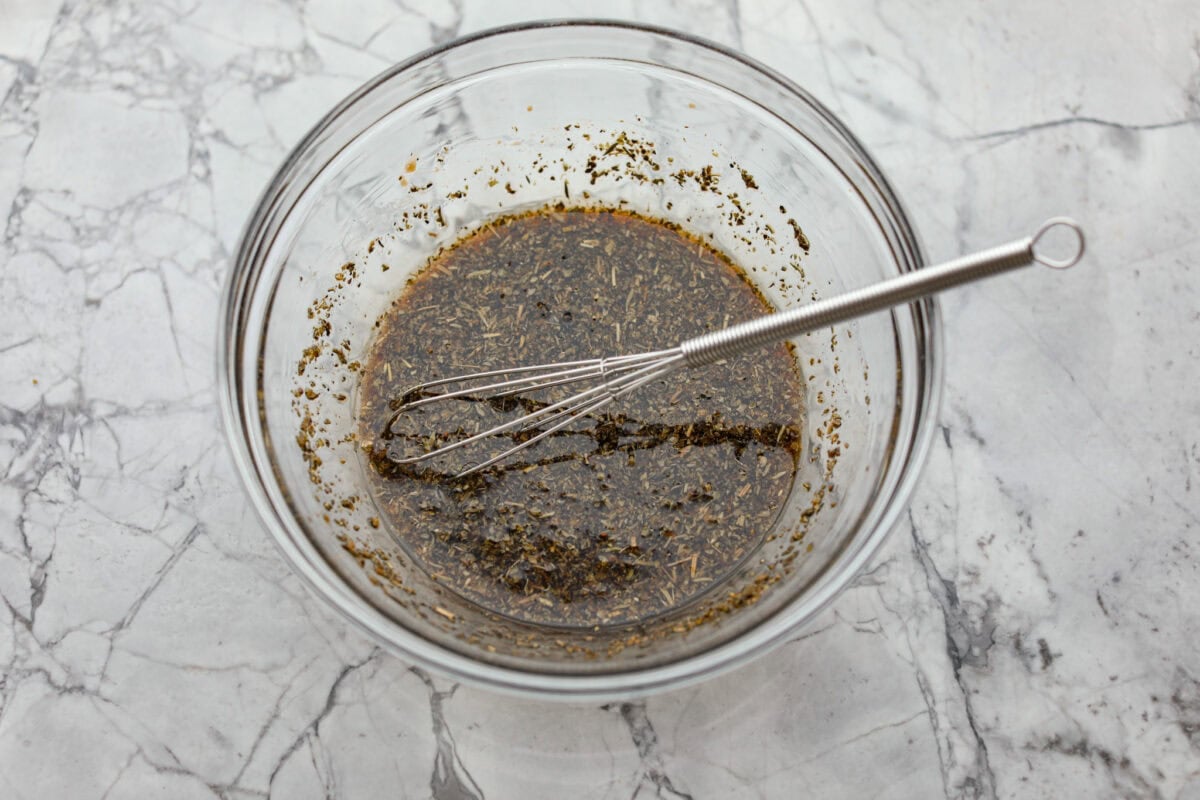 Sauce ingredients whisked together in a bowl. 