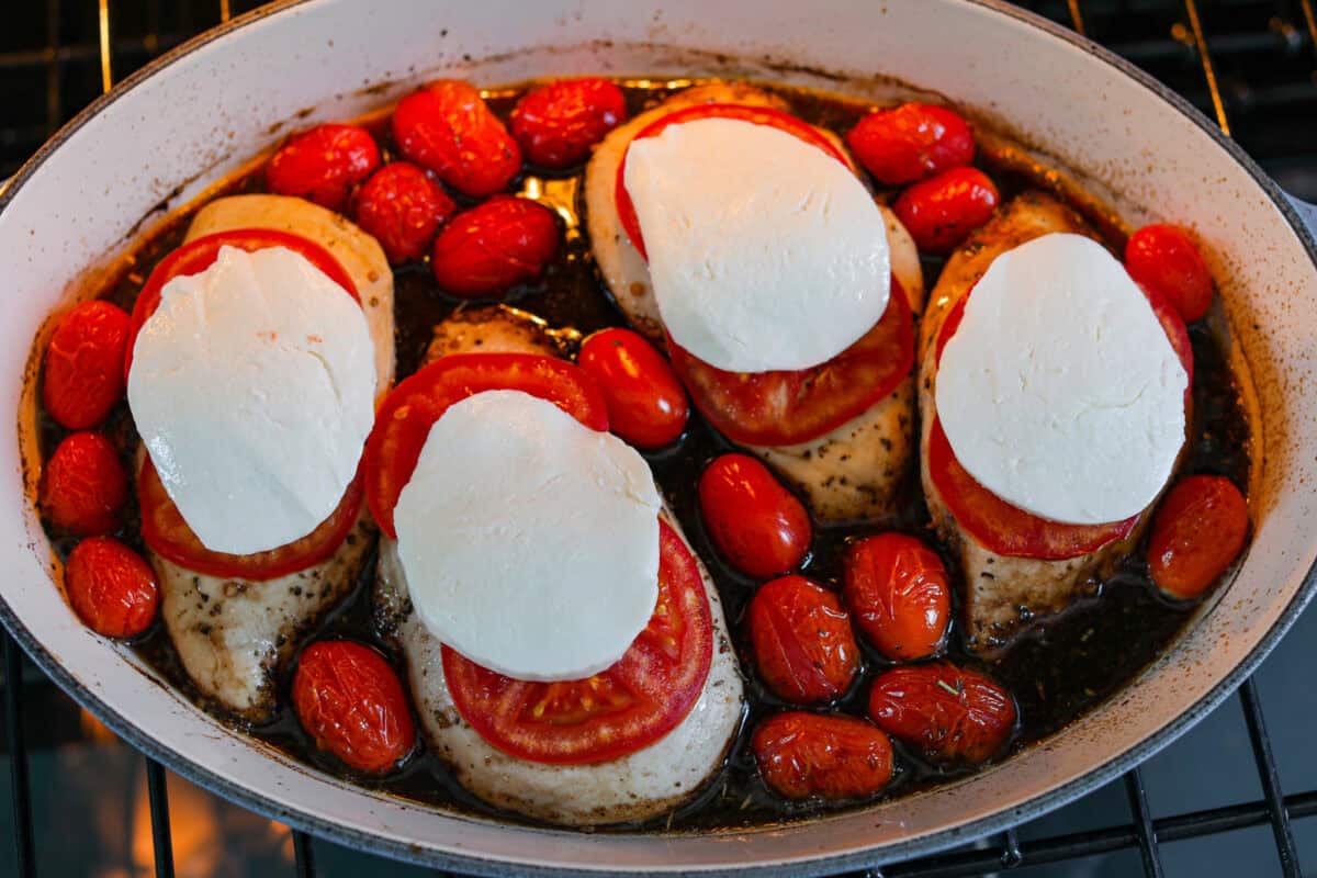 Mozzarella added to the top of the tomatoes on the chicken. 