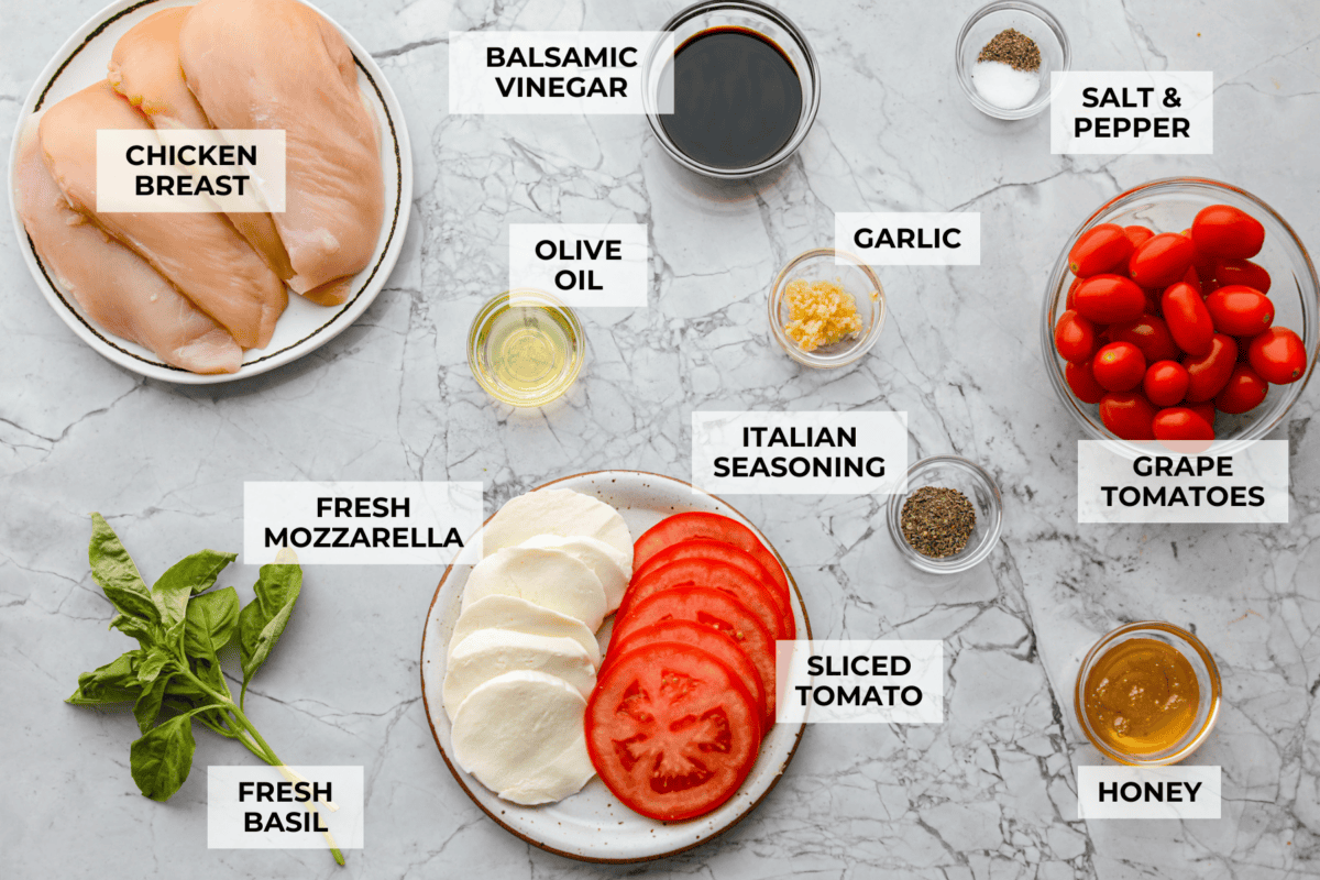 Overhead shot of labeled ingredients. 
