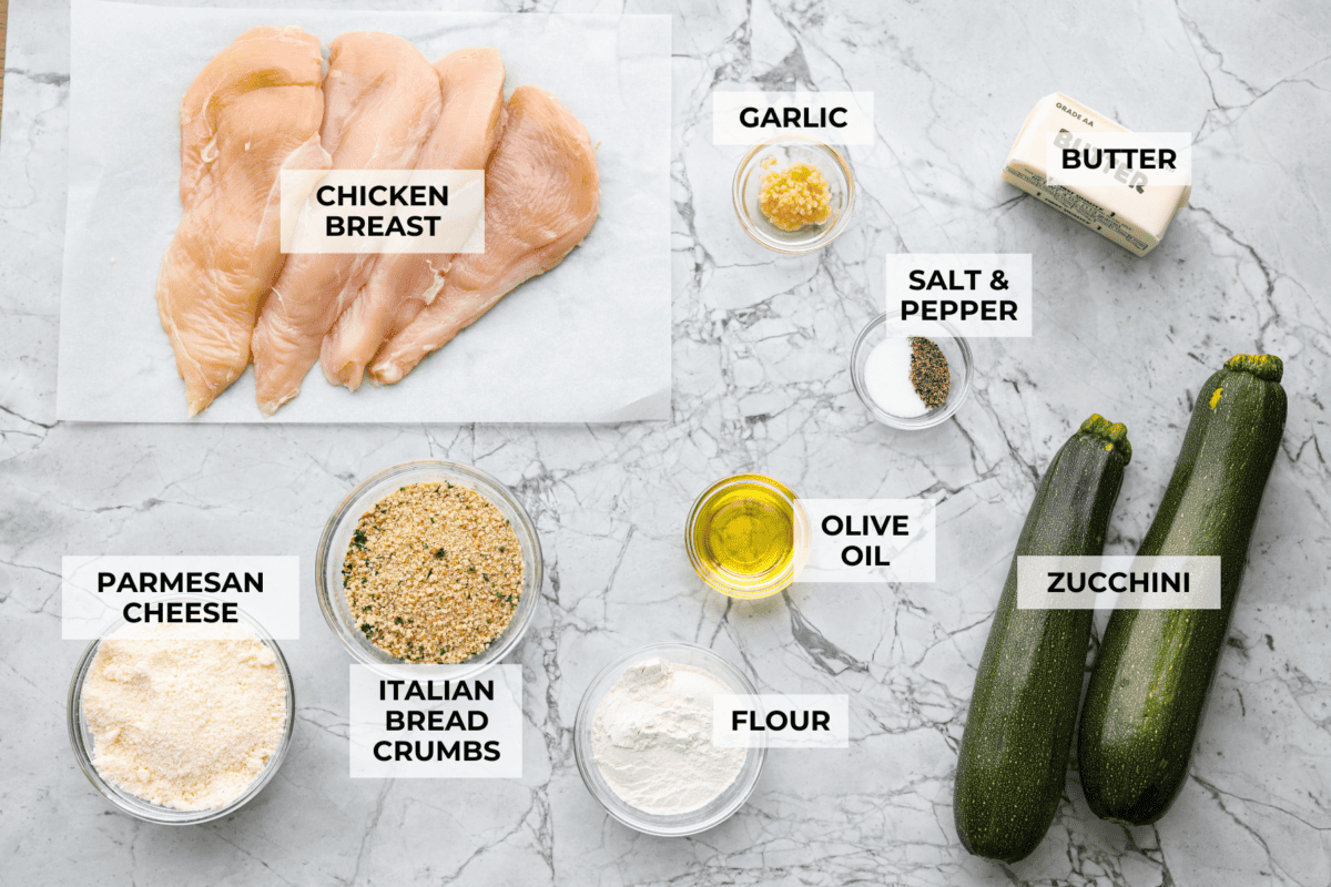 My family and I cannot get enough of this versatile summer vegetable! Whether you use it for a side dish or the entrรฉe, its tender texture and ability to absorb flavor is unmatched. Take advantage of zucchini being in season and try out some of my other favorite zucchini recipes! Overhead shot of labeled ingredients.