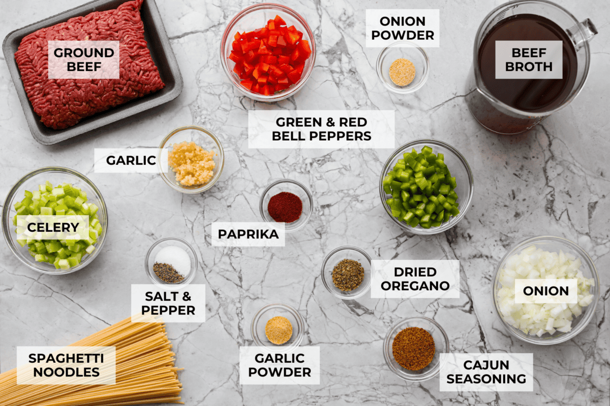 Overhead shot of labeled ingredients. 