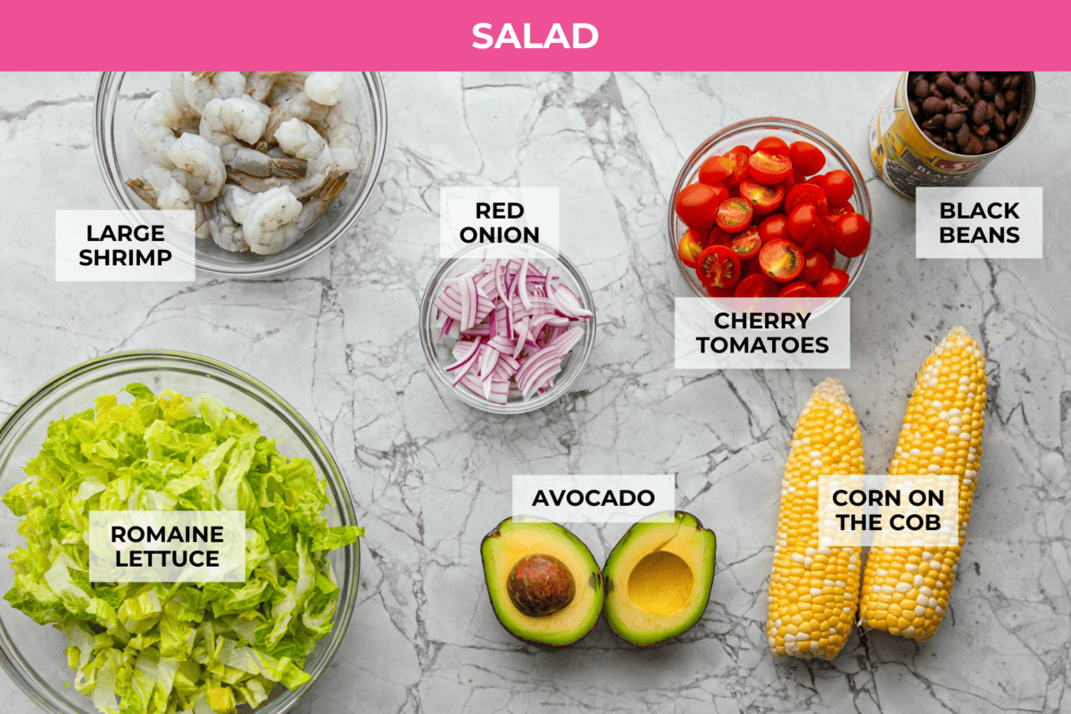 I love salads in the summer, and this grilled shrimp salad is such a good one. It’s fresh, colorful, and filling without feeling heavy. And the dressing? Oh my gosh. The chipotle-lime flavor is so good, you’ll want to pour it on everything. Overhead shot of labeled grilled shrimp salad ingredients.