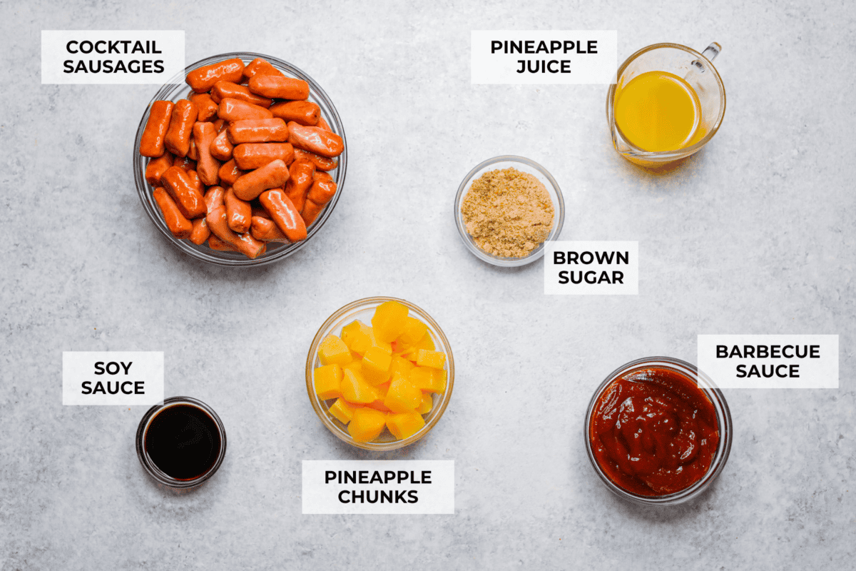 Overhead shot of labeled Hawaiian lil' smokies ingredients. 