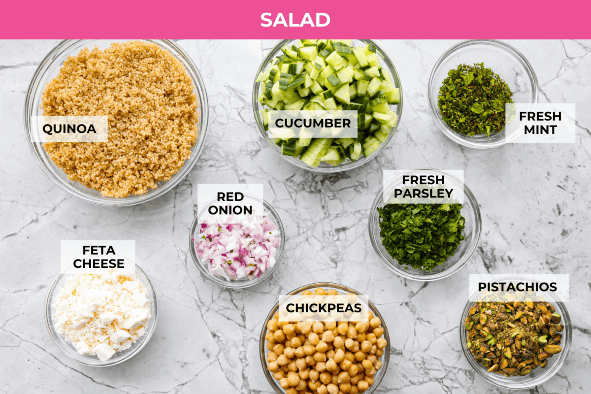Overhead shot of labeled Jennifer Aniston Salad ingredients.