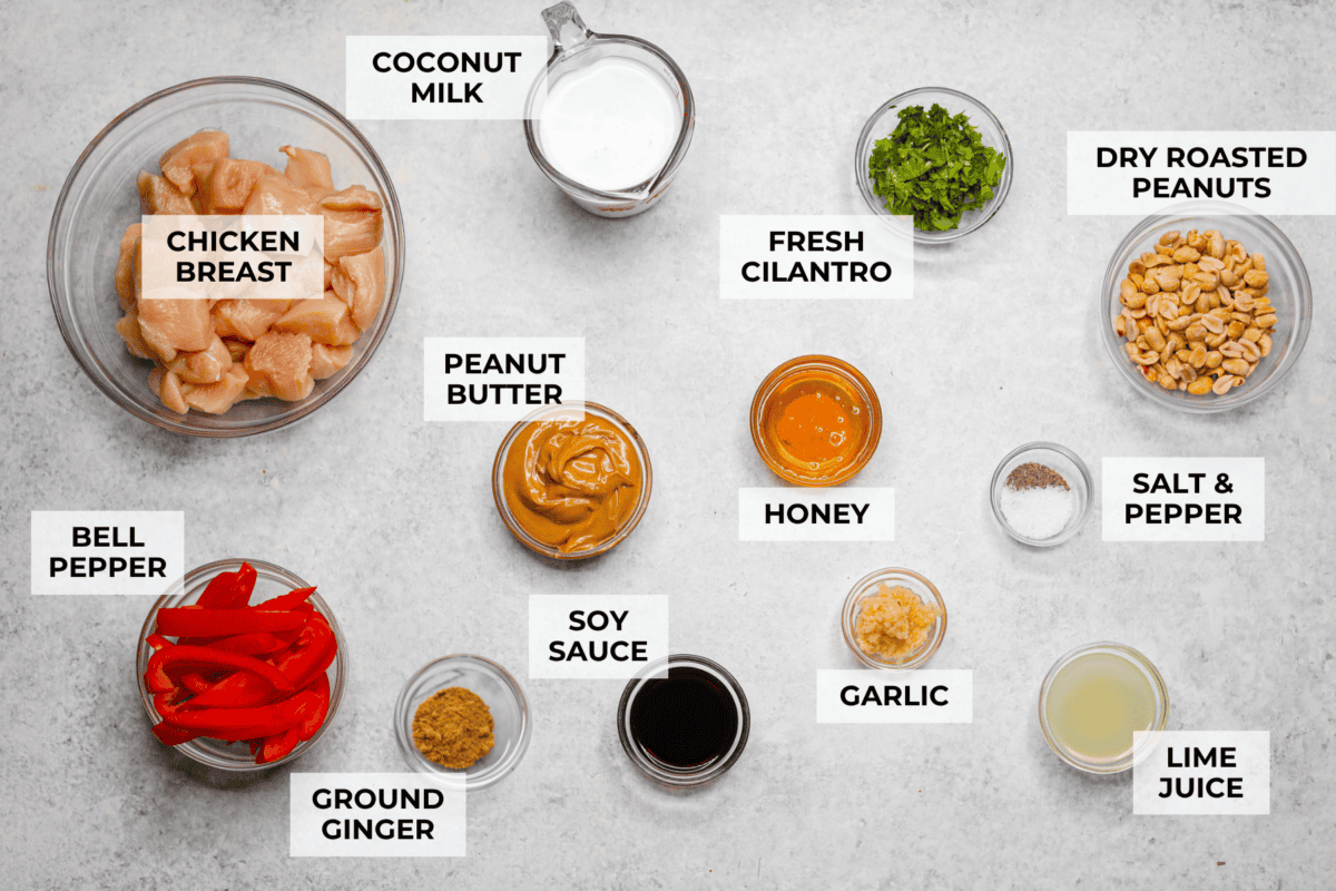 Overhead shot of labeled ingredients. 