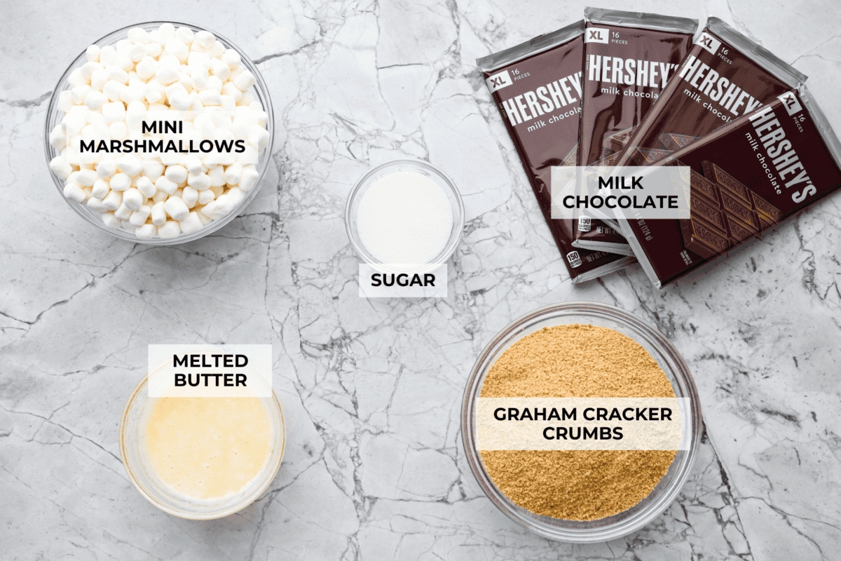 Overhead shot of labeled Starbuck's s'mores bars ingredients. 