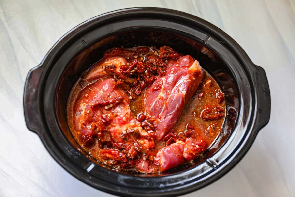 Marry Me Pork Roast lives up to its name! Tender pork, slow cooked in a creamy, garlicky sun-dried tomato sauce that's so good! Pile it over mashed potatoes or buttered noodles to soak up every drop. Pork plus the sauce in the slow cooker.