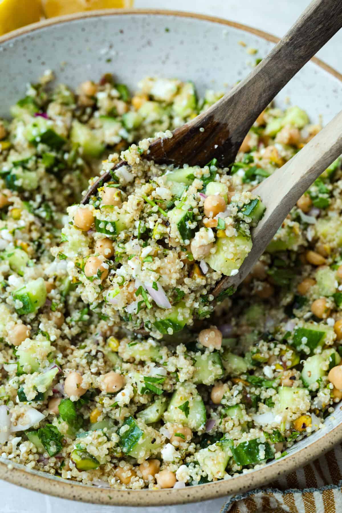 Close up shot of a scoop of Jennifer Aniston salad.