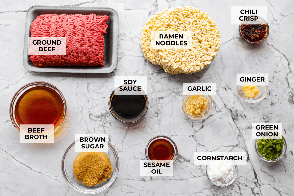 Overhead shot of labeled chili crisp beef ramen. 