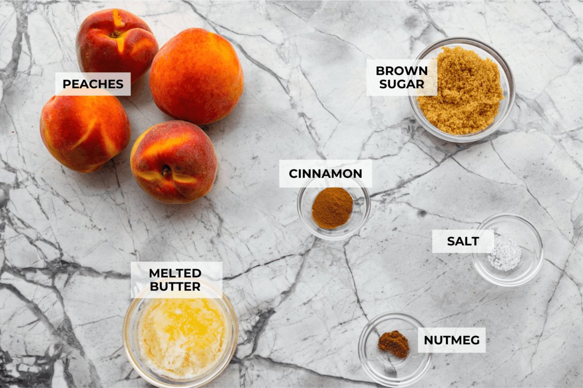 Overhead shot of labeled ingredients. 