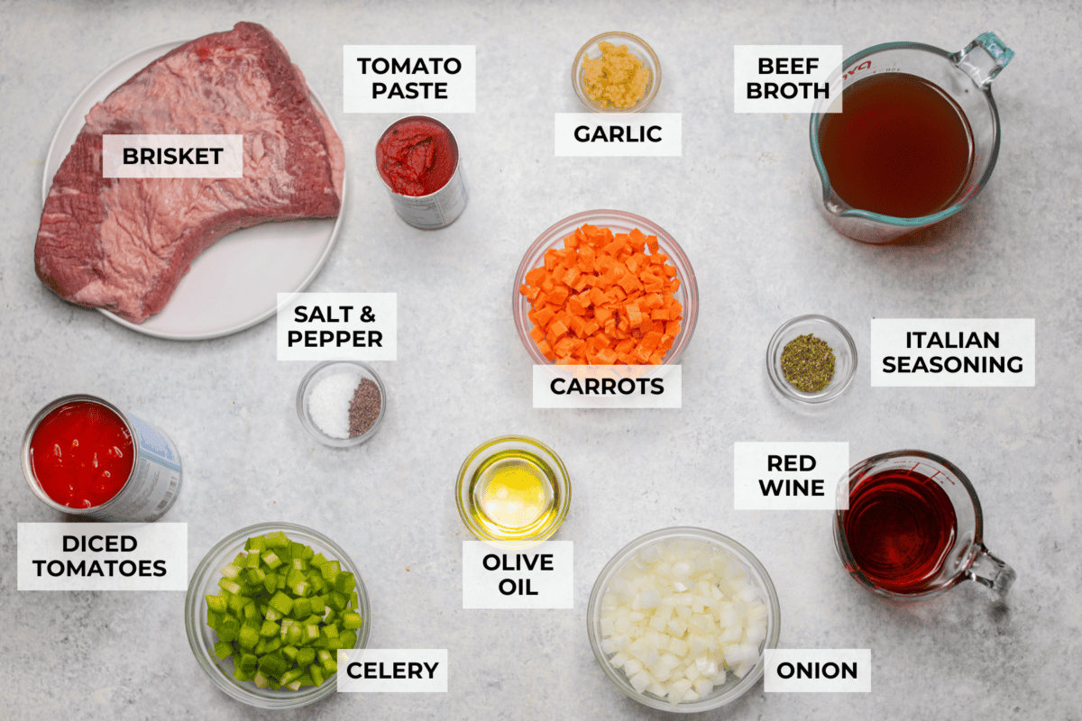 Overhead shot of labeled ingredients.