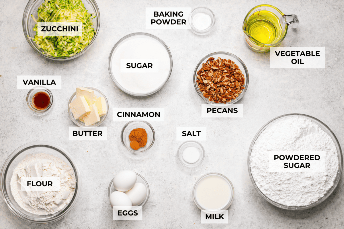 Overhead shot of labeled ingredients. 