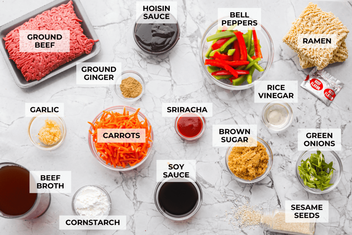 Slow cooker ramen gives you all the slurpy, saucy noodle bowl flavor with almost no effort. The veggies and beef slow cook in just an hour, then the ramen noodles go in for a quick 10 minutes. No hot oven, no boiling pots! Top down shot of labeled slow cooker ramen ingredients.