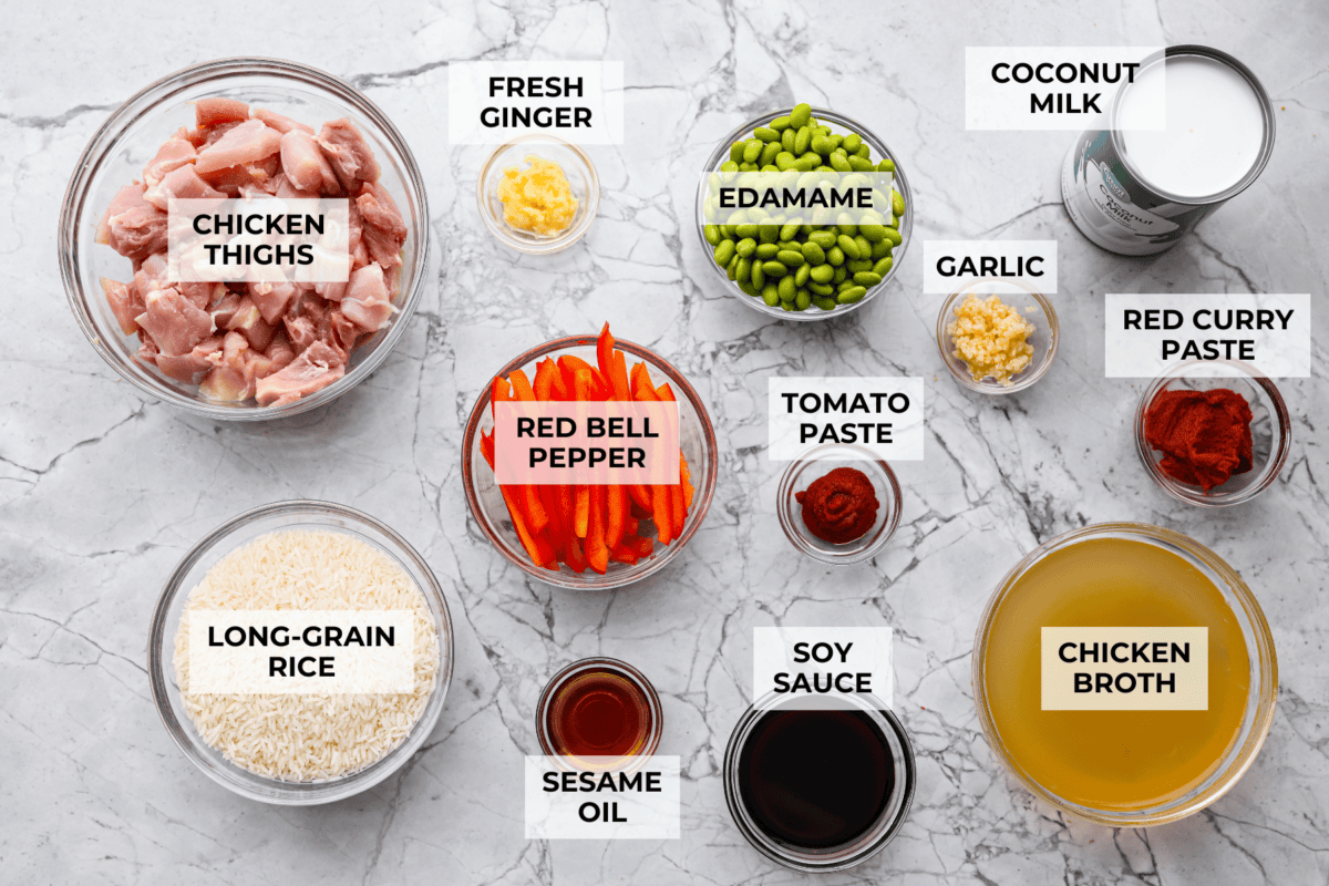 Overhead shot of labeled ingredients. 