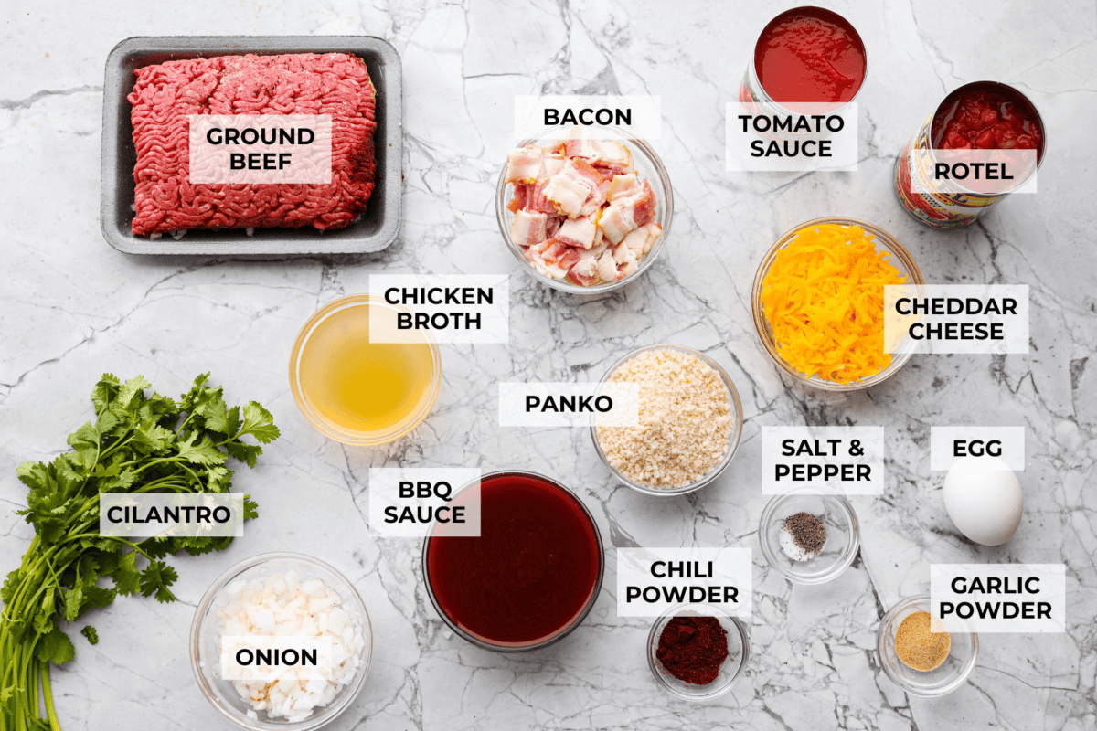 Overhead shot of labeled cowboy meatballs ingredients. 