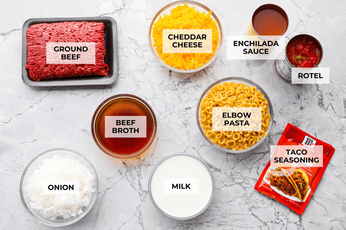 Overhead shot of labeled taco mac ingredients.