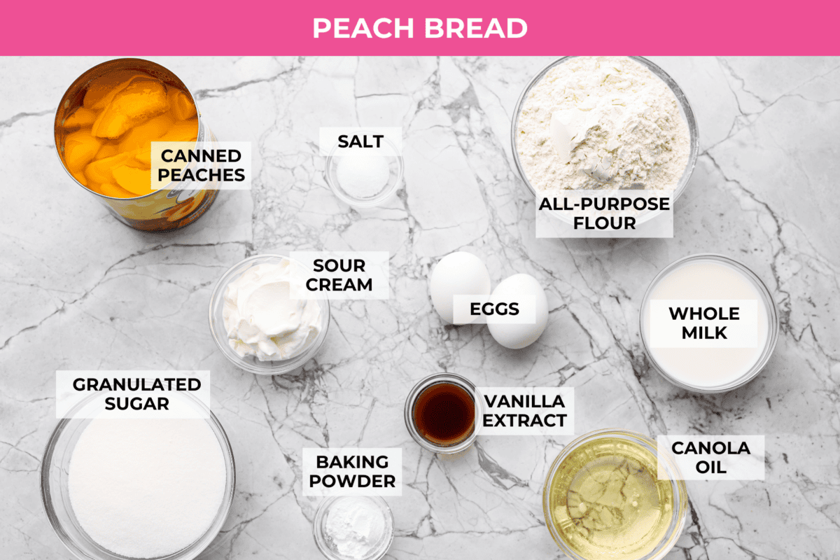 If you love peaches, this peach loaf belongs on your baking list! It’s incredibly moist, packed with sweet peaches, and topped with a peach glaze that makes every slice even more irresistible. Overhead shot of labeled peach loaf ingredients.