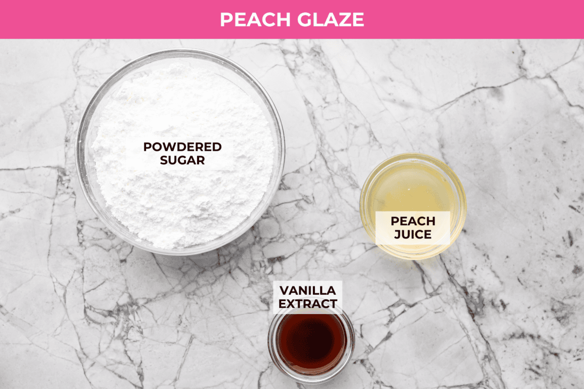 If you love peaches, this peach loaf belongs on your baking list! It’s incredibly moist, packed with sweet peaches, and topped with a peach glaze that makes every slice even more irresistible. Overhead shot of labeled peach glaze ingredients.