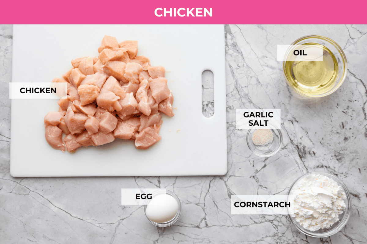 Overhead shot of labeled sticky apricot chicken ingredients. 