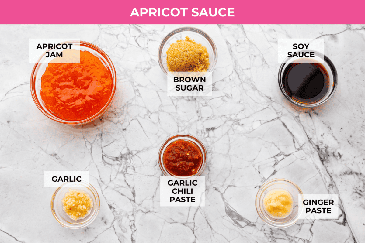 Overhead shot of labeled sauce ingredients. 