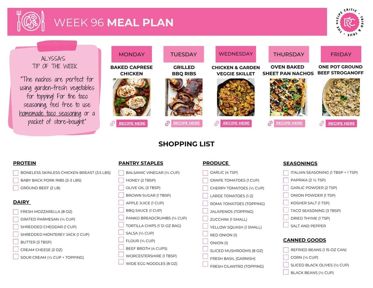 This weekly meal plan has a good mix of fresh flavors, family favorites, and meals that come together easily, so you can spend less time deciding what to make and more time enjoying dinner. Image of printable shopping list for weekly meal plan.