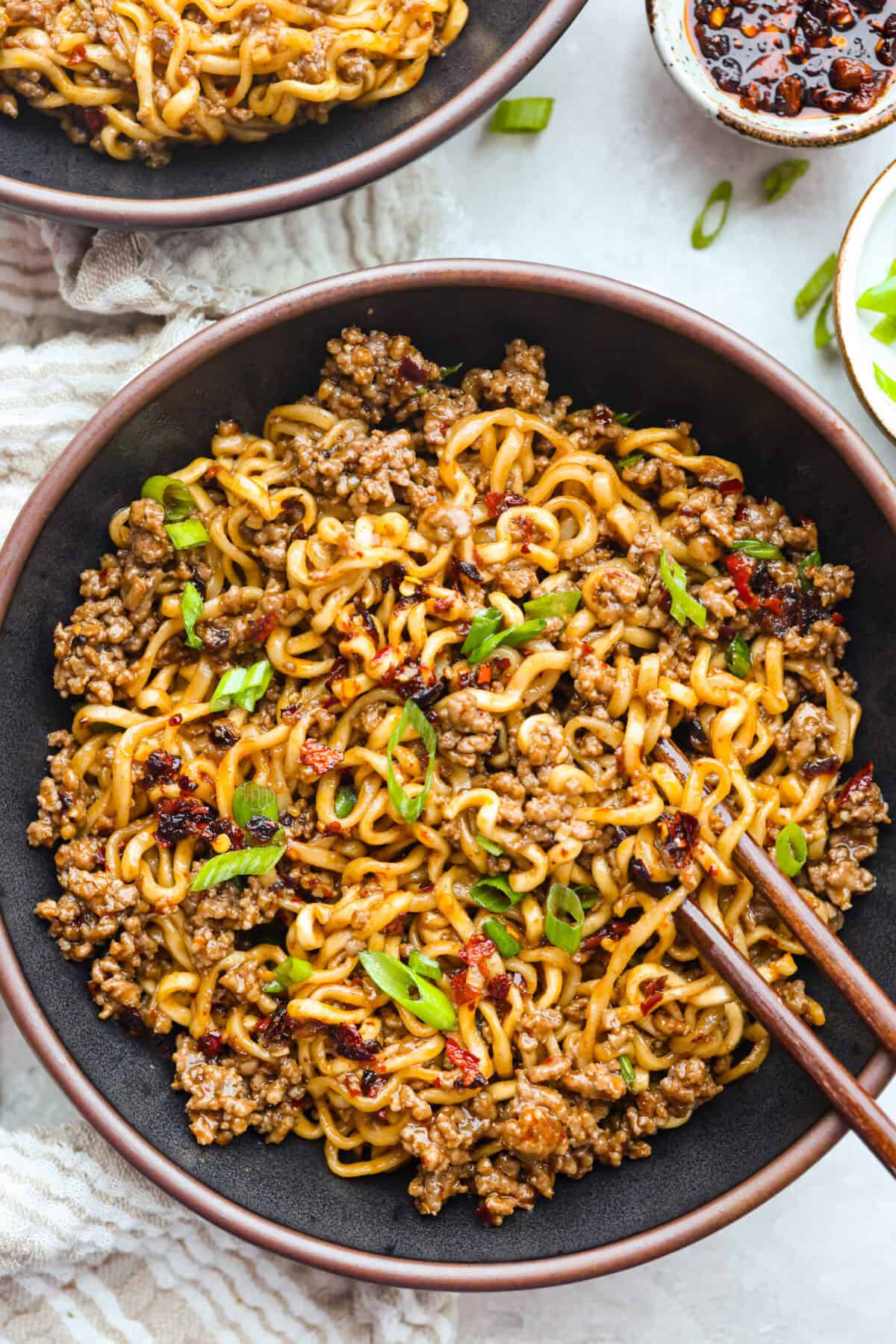 Bowl of chili crisp beef ramen noodles. 