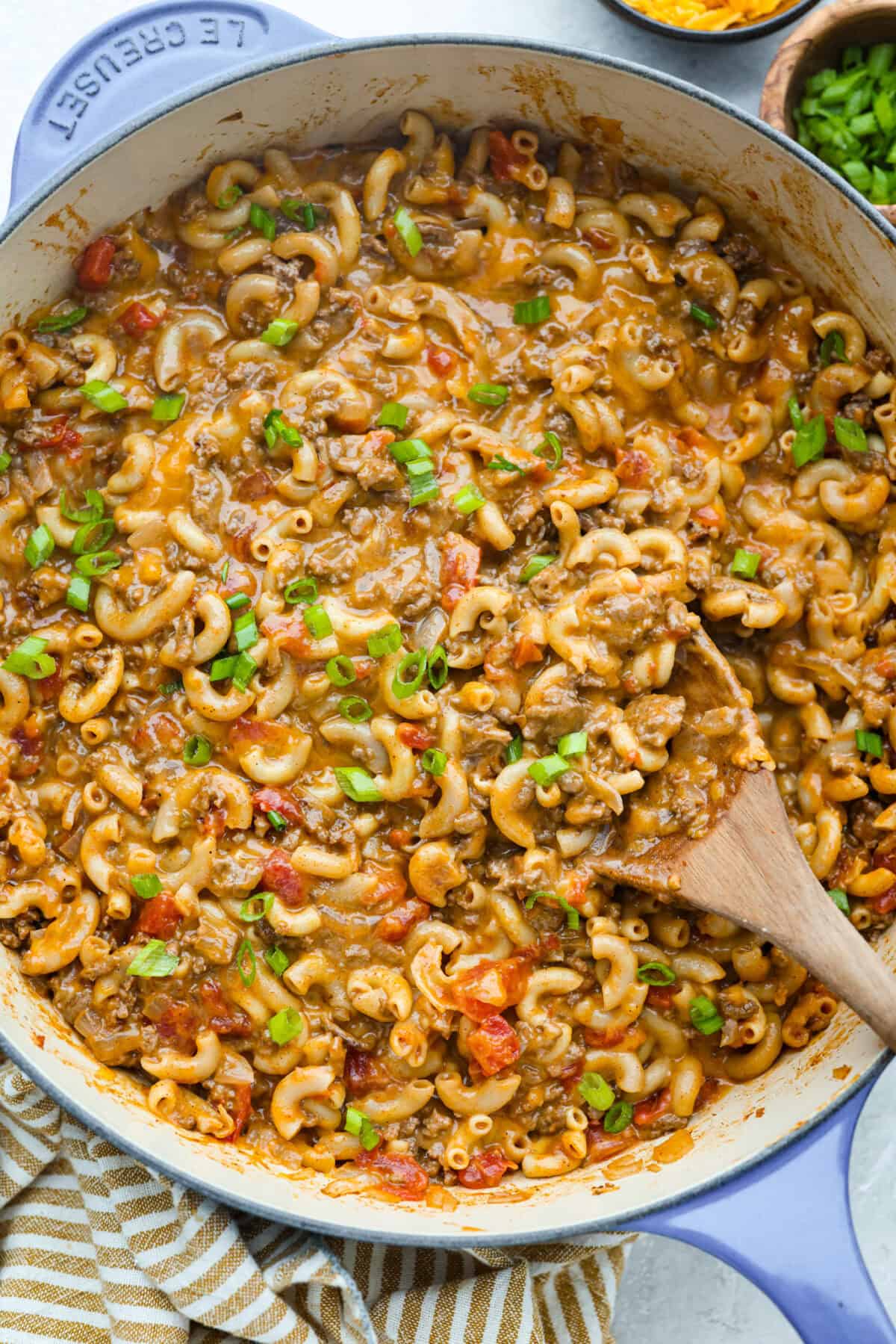 Large skillet of one pan Taco Mac. 