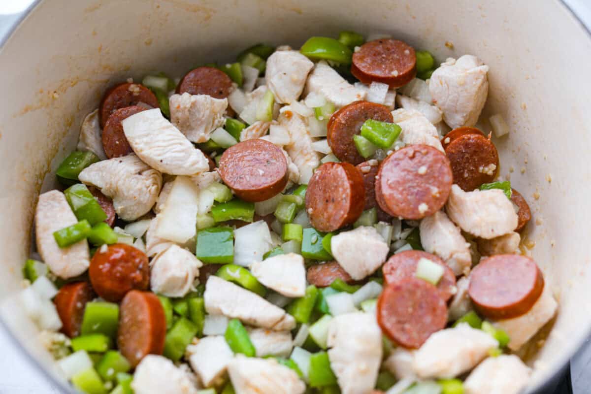 Pepper, onion, celery and garlic added to the pot. 