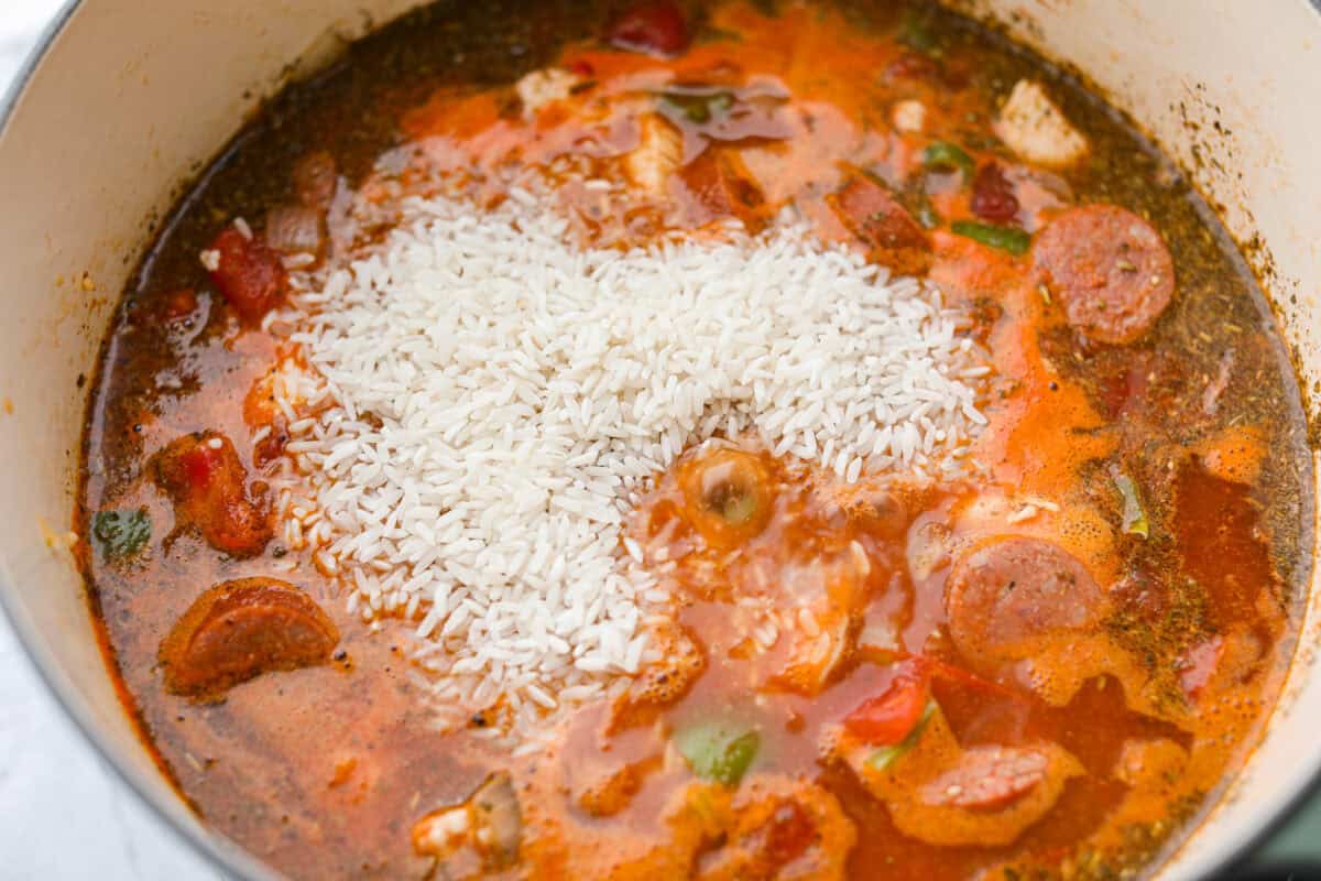 Rice added to the pot. 