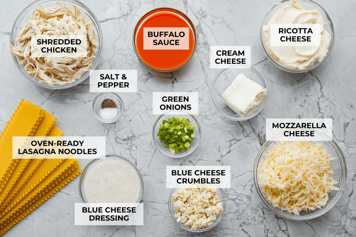 Overhead shot of labeled ingredients. 