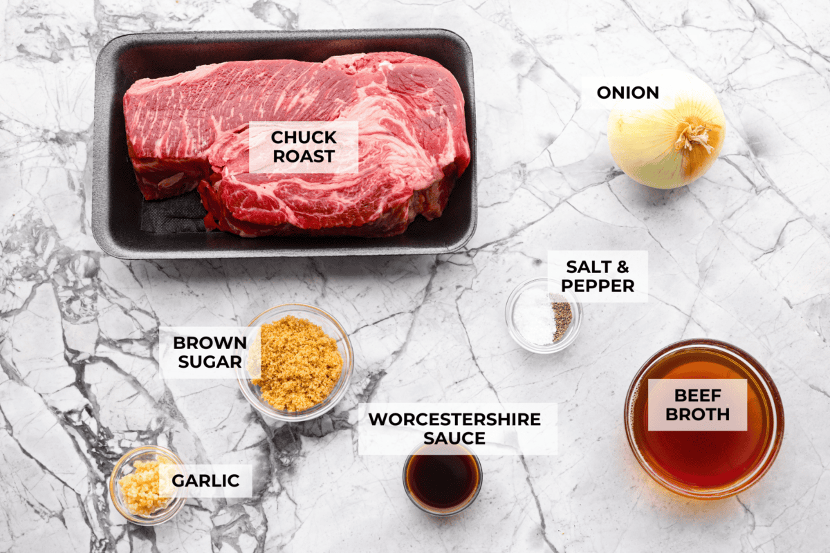 Caramelized chuck roast is everything I want in a cozy dinner. The beef cooks low and slow until it practically falls apart, then gets sprinkled with brown sugar and broiled until the edges are sticky, caramelized, and SO good. Overhead shot of labeled ingredients.