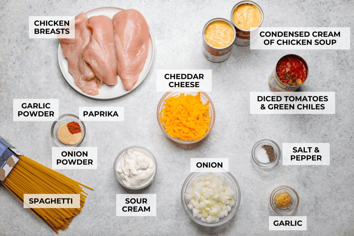 This crockpot chicken spaghetti will have everyone running to the dinner table! The slow cooker does the work while the chicken becomes tender and flavorful, then it's tossed with spaghetti, melty cheese, and a creamy sauce. Overhead shot of labeled ingredients.