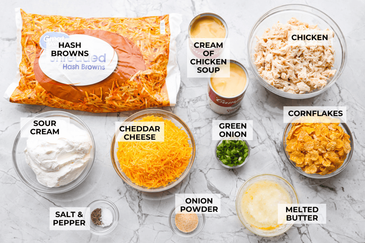 Overhead shot of labeled funeral potato and chicken casserole ingredients. 