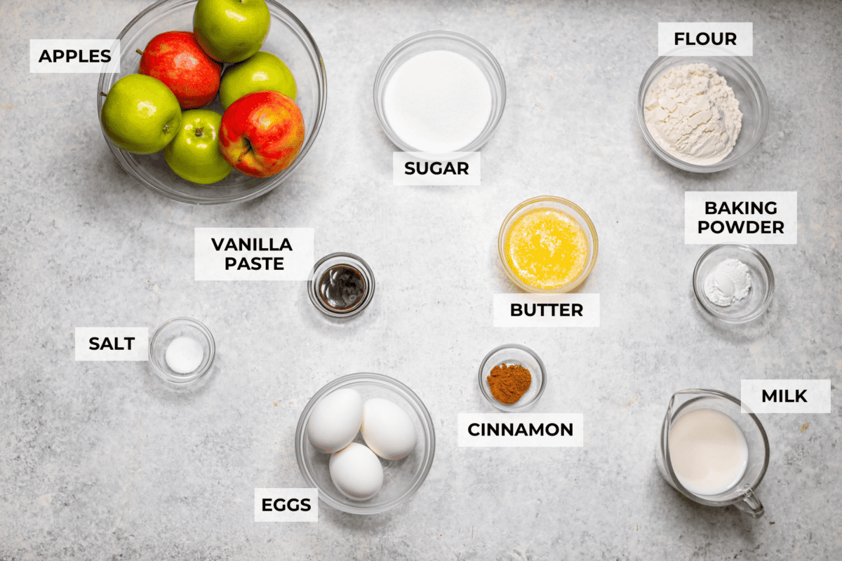 This invisible apple cake is a little magical! Paper-thin apple slices are coated in a simple, lightly spiced batter, then layered in a loaf pan and baked into a tender, custardy cake. Such a delicious way to enjoy fresh apples! Overhead shot of labeled invisible apple cake ingredients.