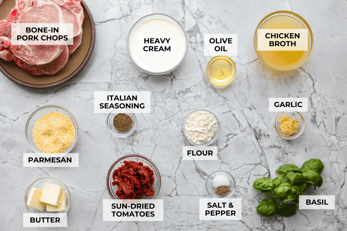 Overhead shot of labeled ingredients. 