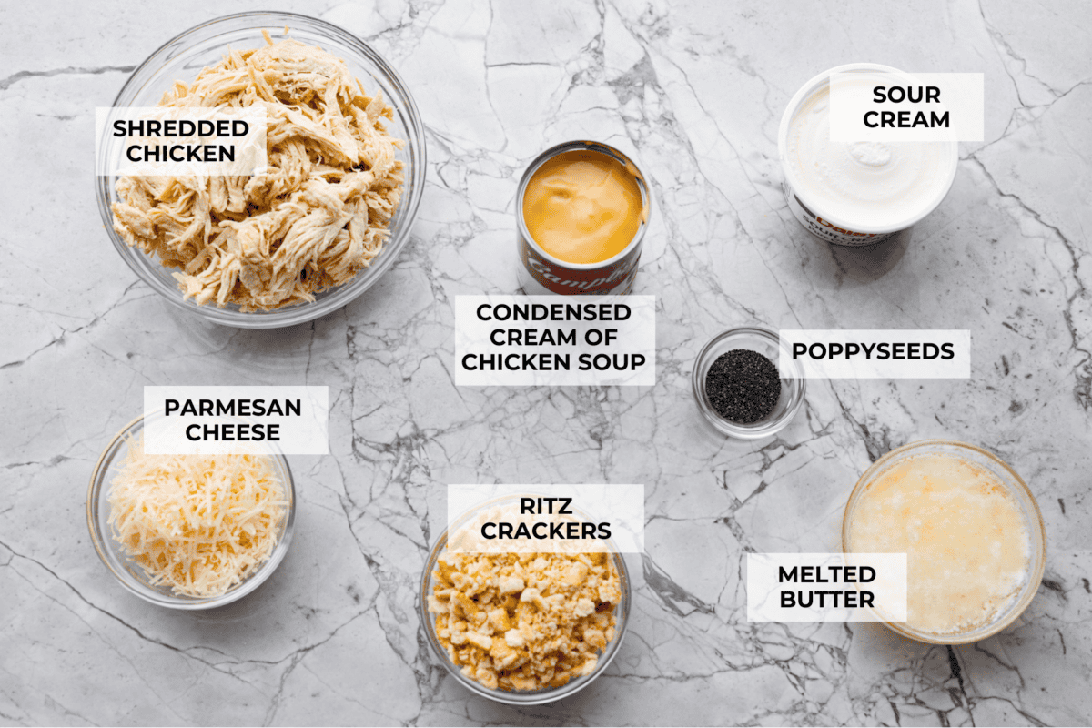 Poppy seed chicken casserole is creamy, cozy, and so easy to make! Tender chicken is topped with buttery Ritz crackers for the perfect crunch, and it’s ready in just 35 minutes. Overhead shot of labeled poppy seed chicken casserole ingredients.