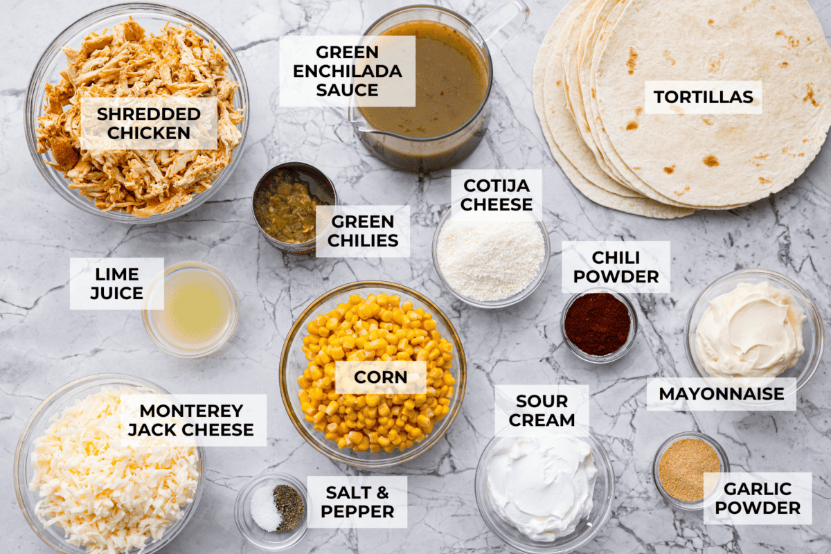 Overhead shot of labeled ingredients. 
