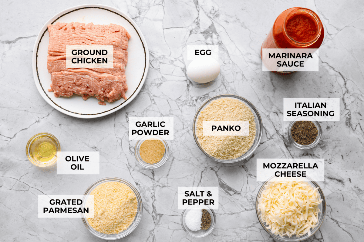 Overhead shot of labeled chicken parmesan meatballs ingredients. 
