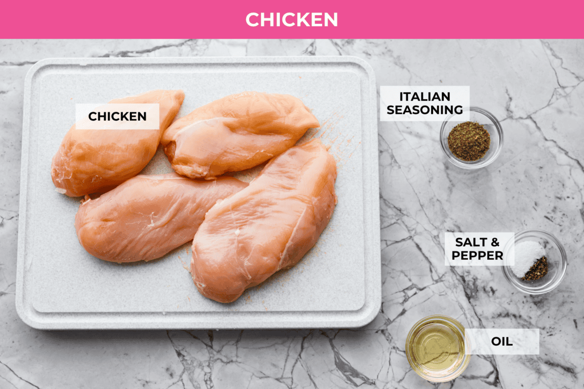 Creamy pepperoncini chicken is an easy one-skillet dinner packed with flavor! Tender chicken is smothered in a rich Parmesan cream sauce with bell peppers and tangy pepperoncini. It's the perfect balance of creamy, savory, and zesty flavor. Overhead shot of labeled ingredients.