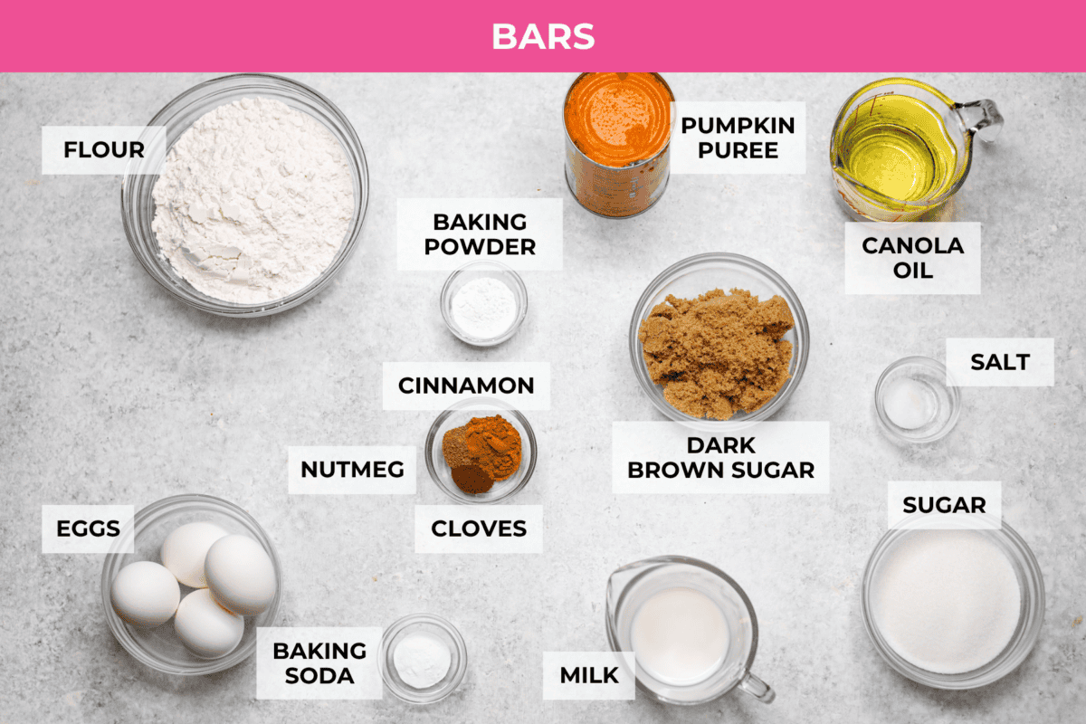 Overhead shot of labeled pumpkin sheet cake ingredients. 