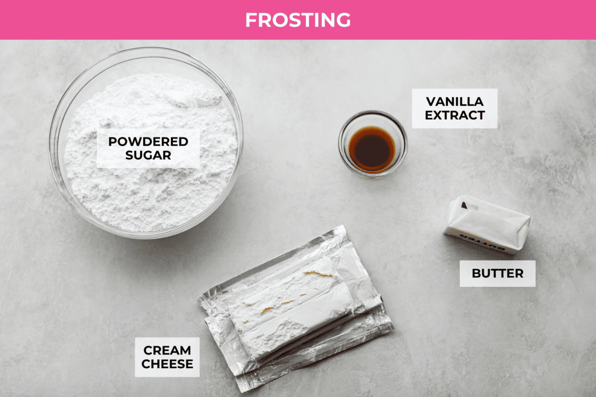 Overhead shot of labeled cream cheese frosting ingredients. 