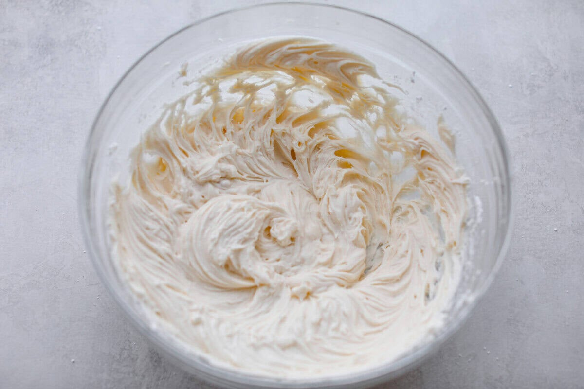 Cream cheese frosting all mixed together ready to be spread on the cake. 