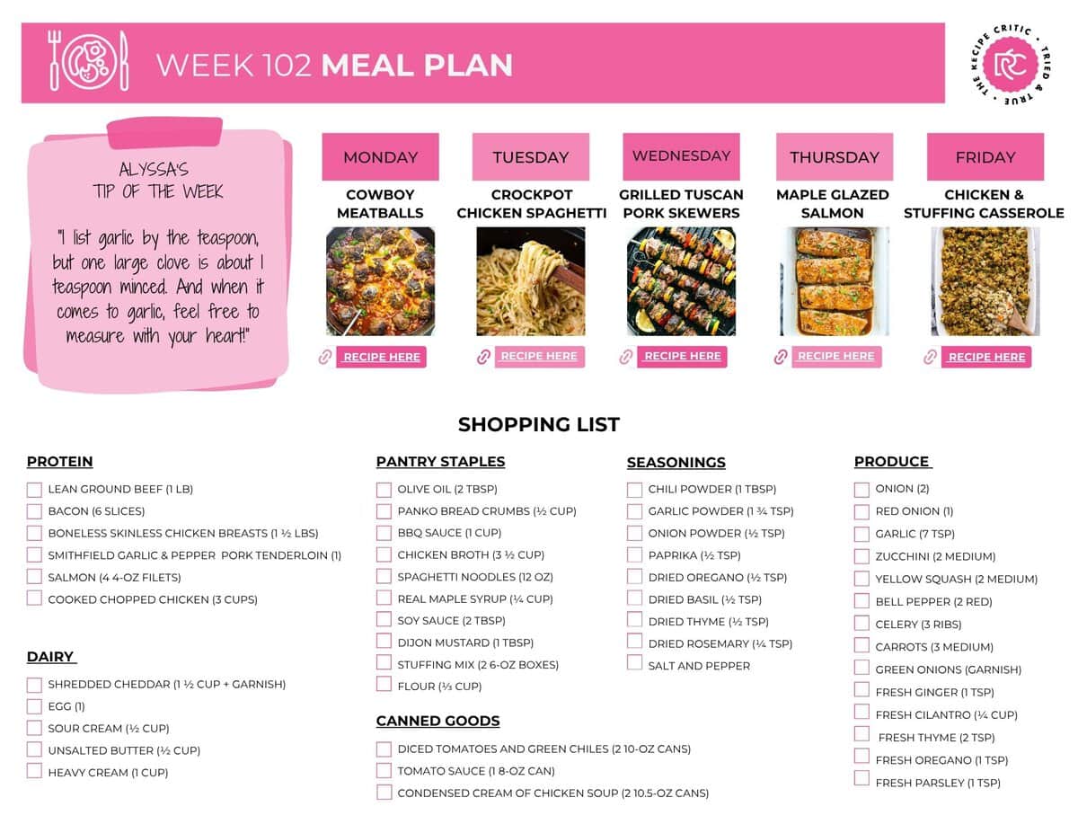 Image of the free shopping list used in this weekly meal plans. 