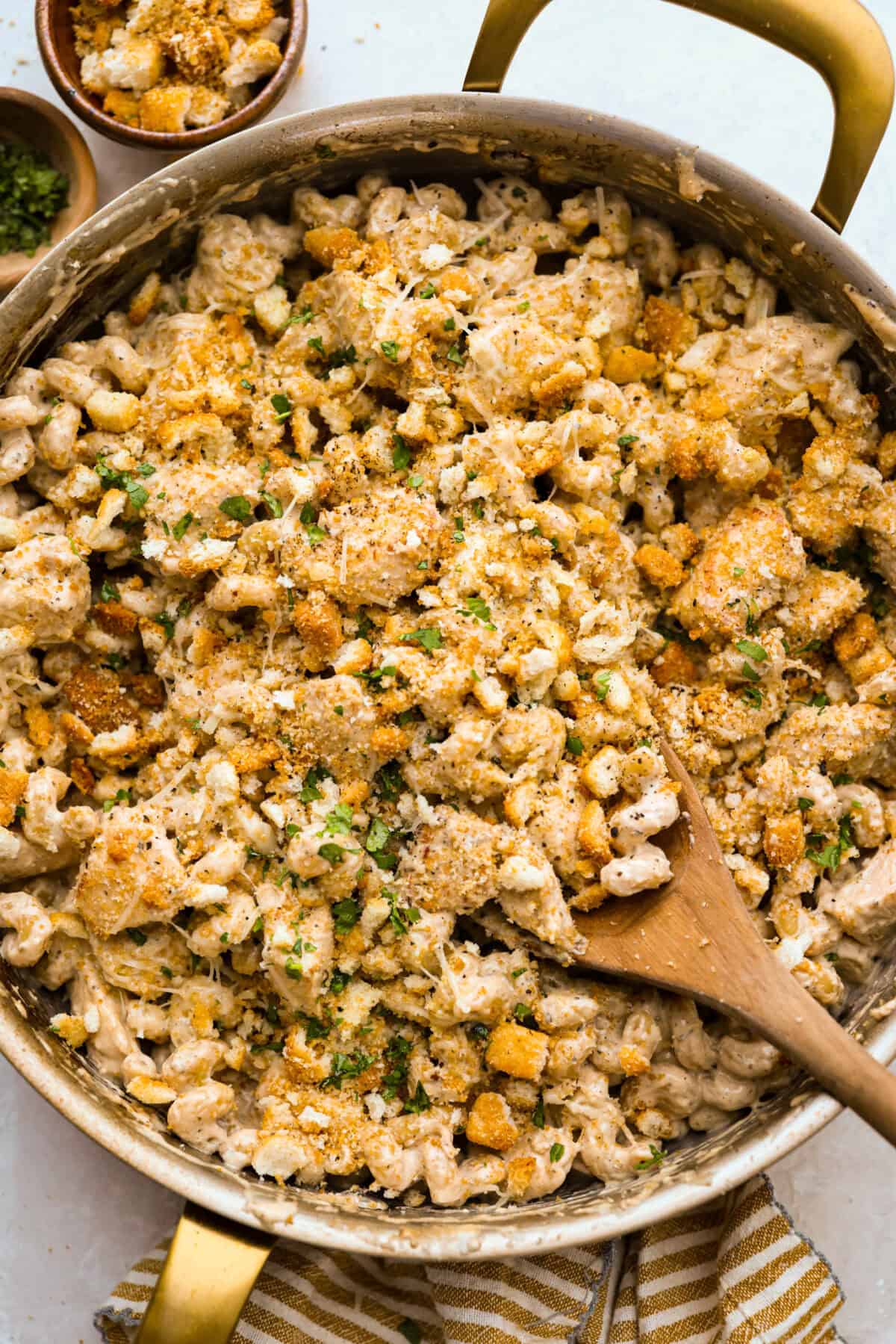 Overhead shot of the chicken Caesar Pasta skillet.