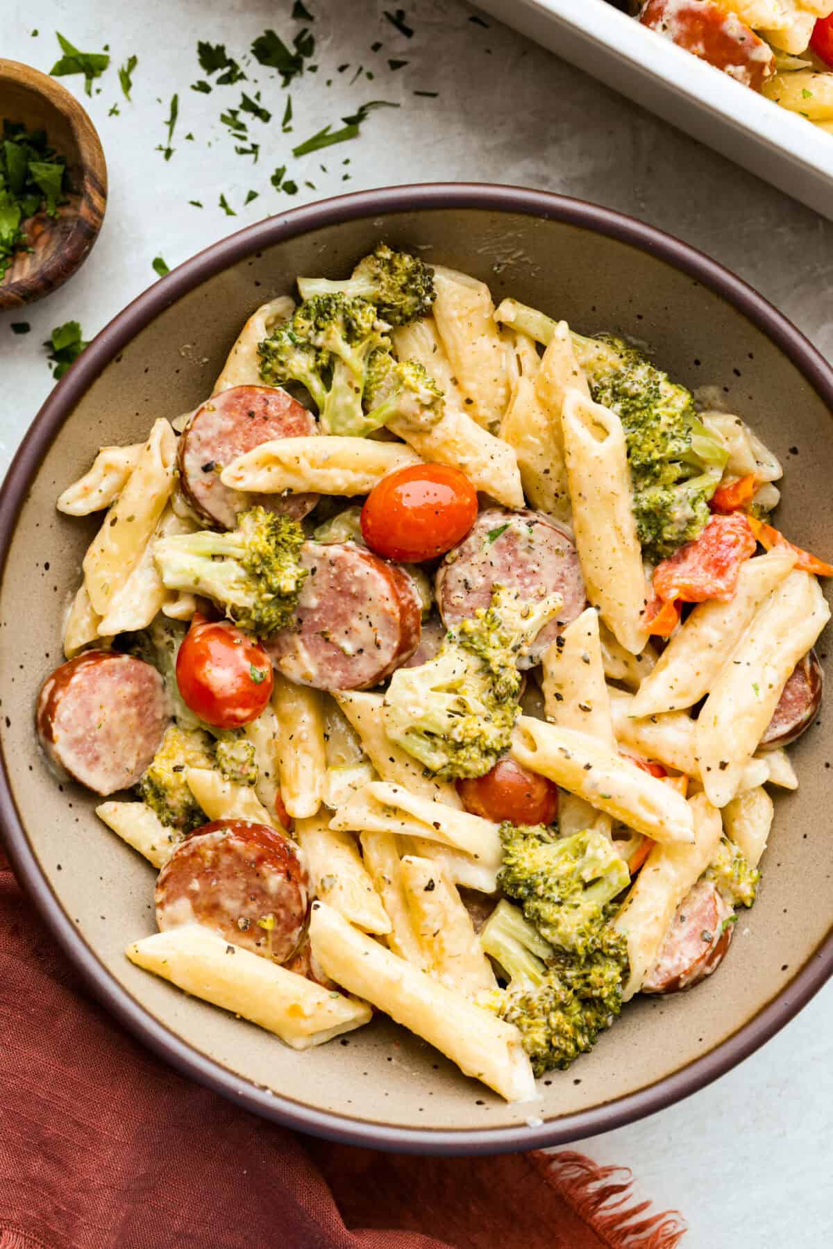Serving portion of creamy sausage pasta. 