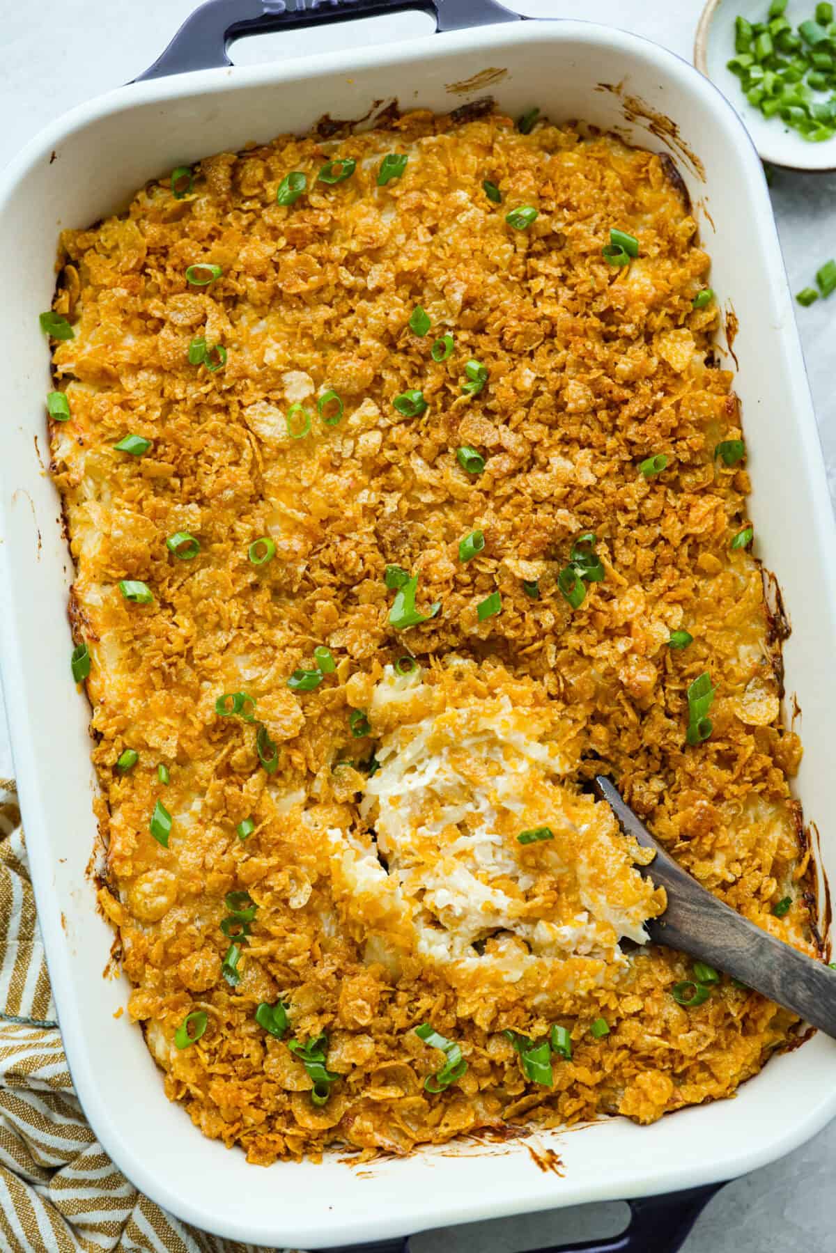 Overhead shot of funeral potatoes and chicken casserole.